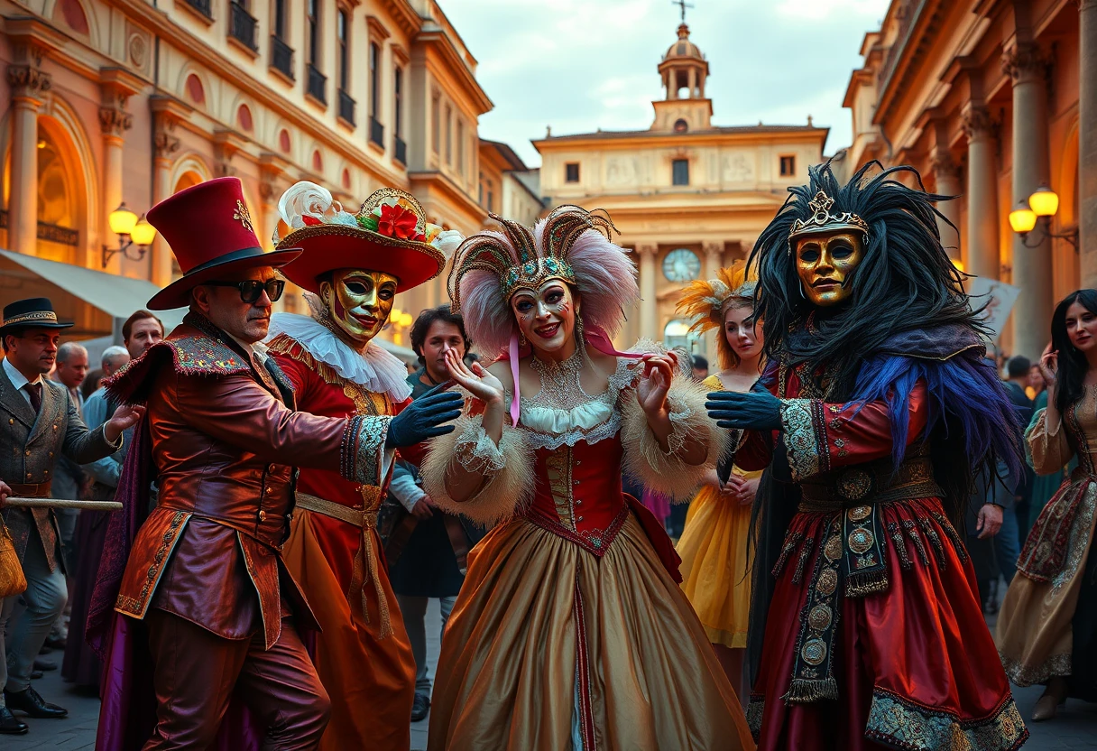 Baroque actors performing in a vibrant Roman marketplace