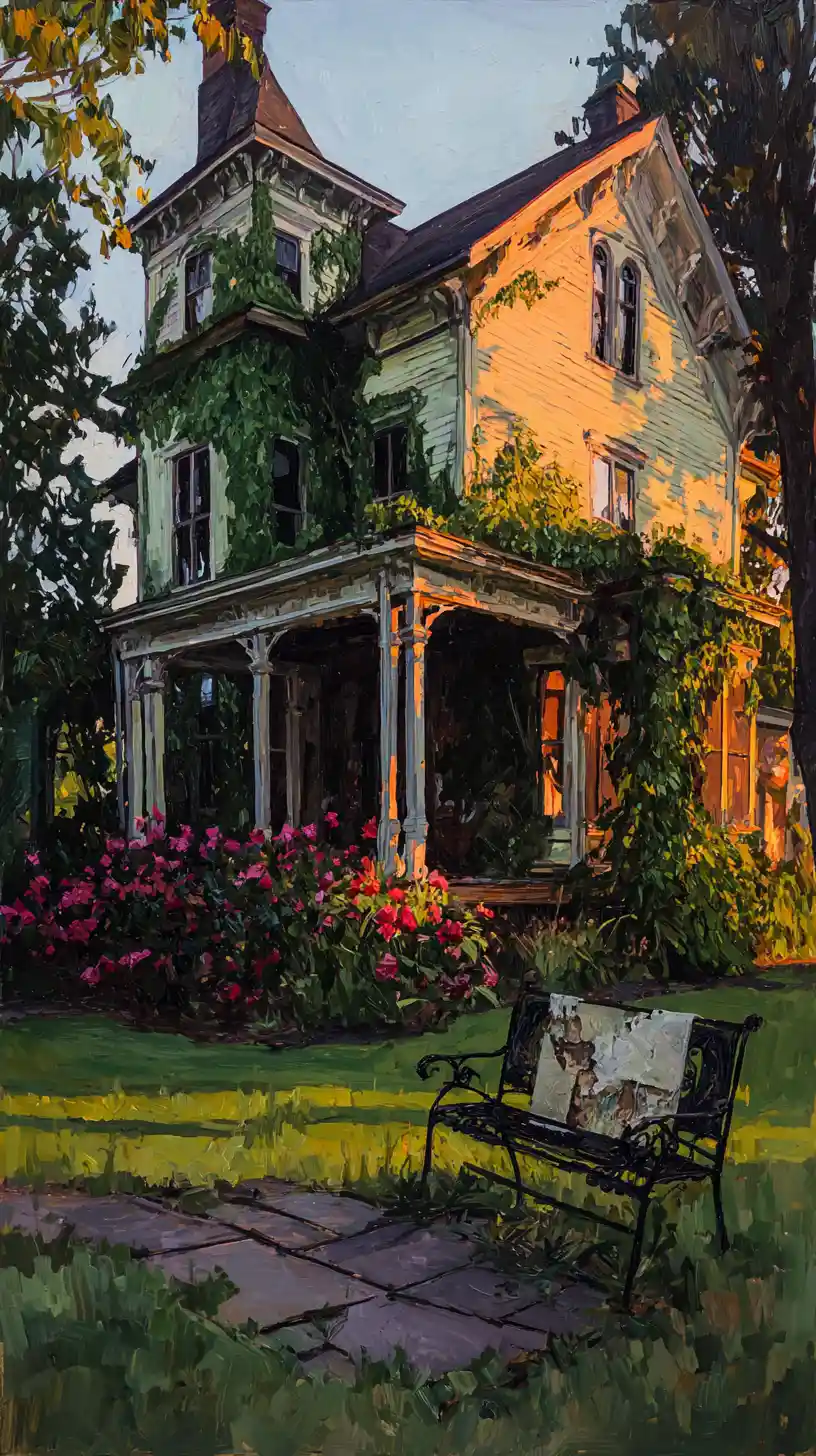 Viktorianische Villa im goldenen Abendlicht in wildem Sommergarten