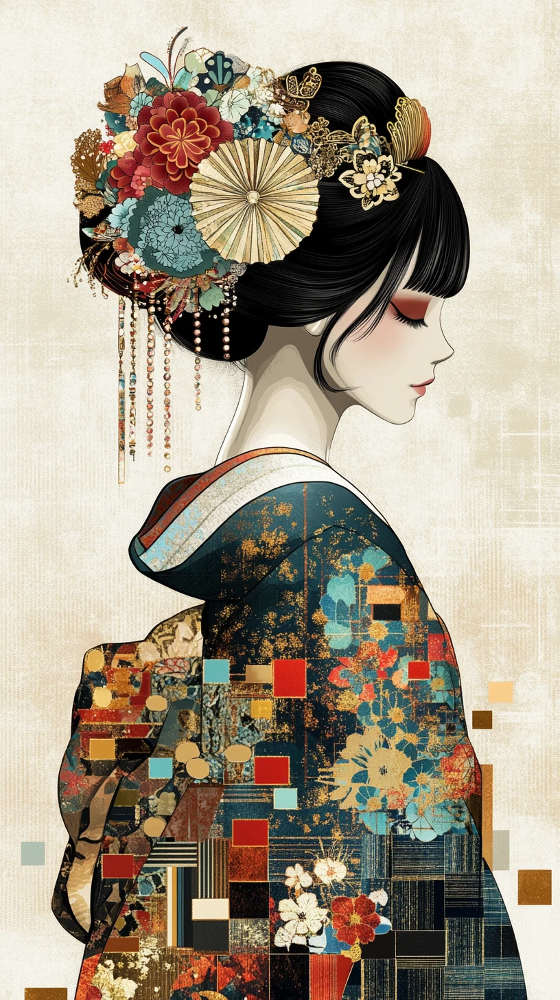 Elegant geisha profile in ornate digital kimono illustration