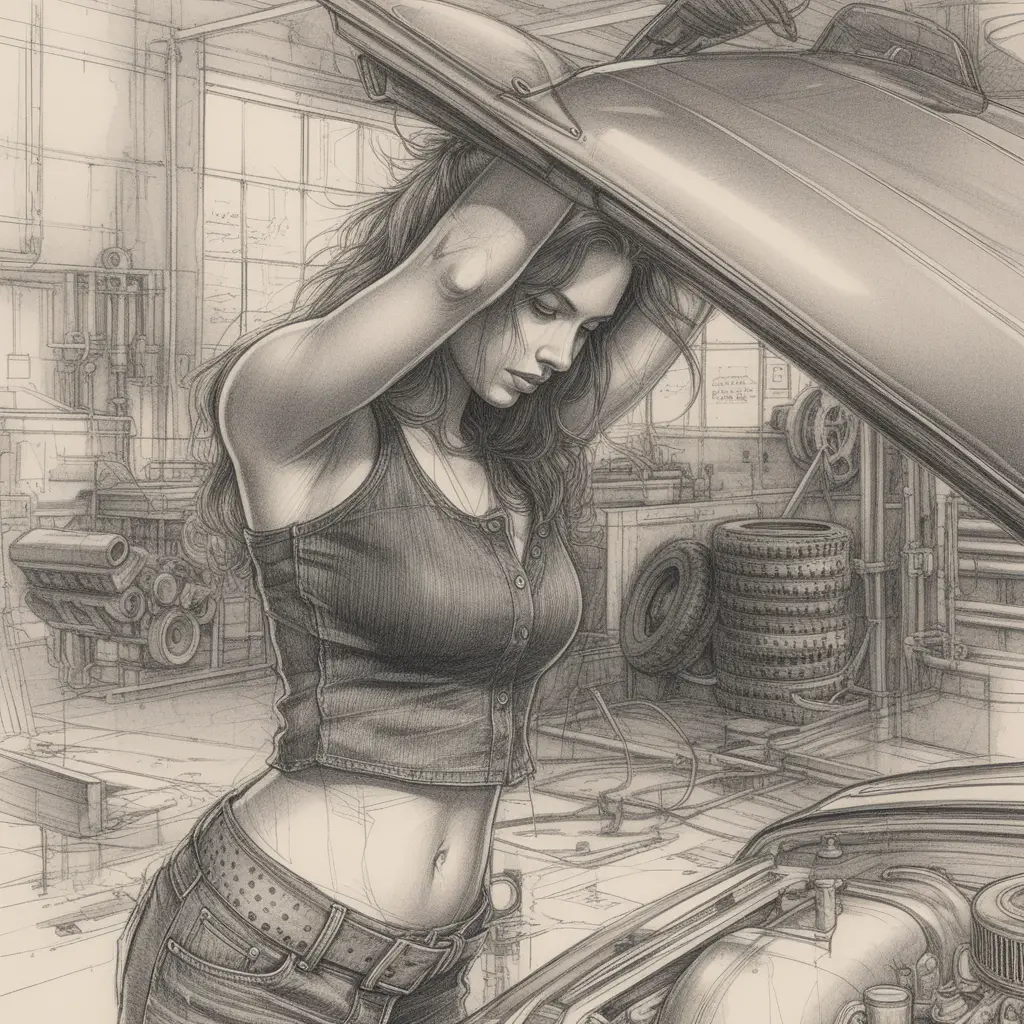 Young mechanic lifting hood of red muscle car