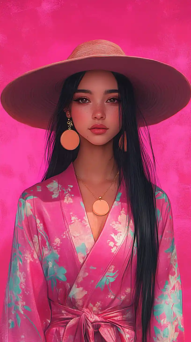 Young woman in pink kimono robe and wide brim hat