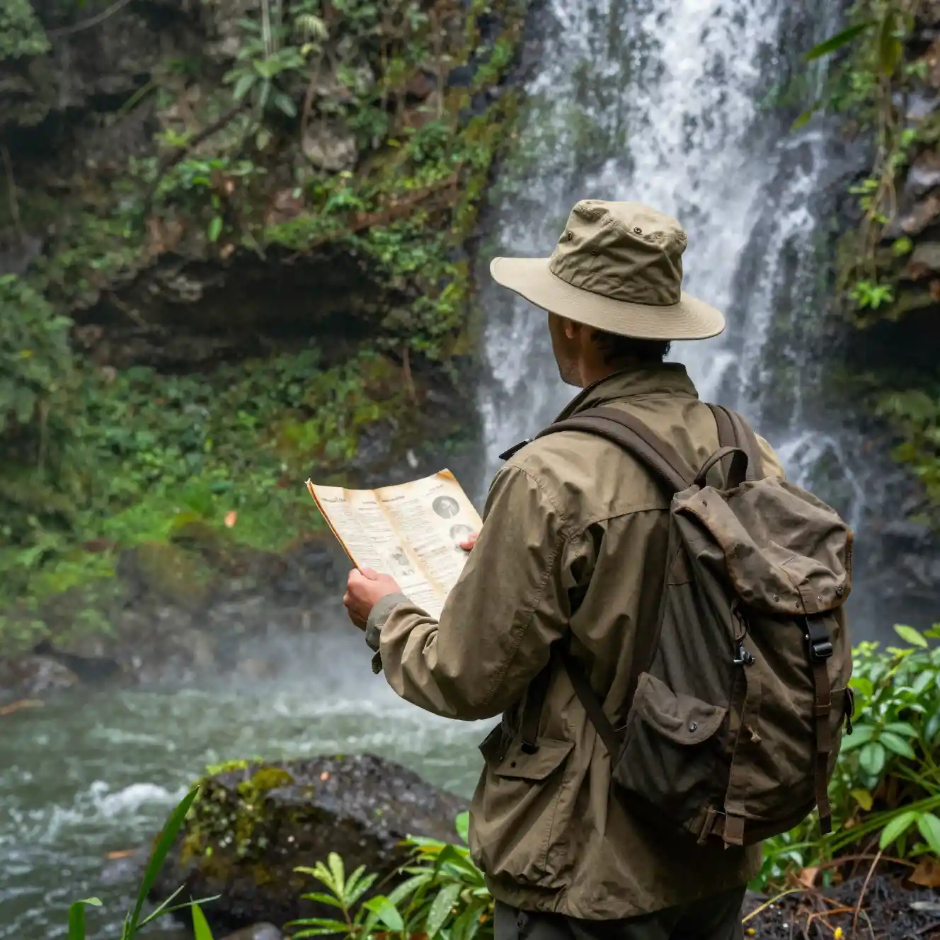 Adventurer Facing Hidden Jungle Waterfall With Ancient Map