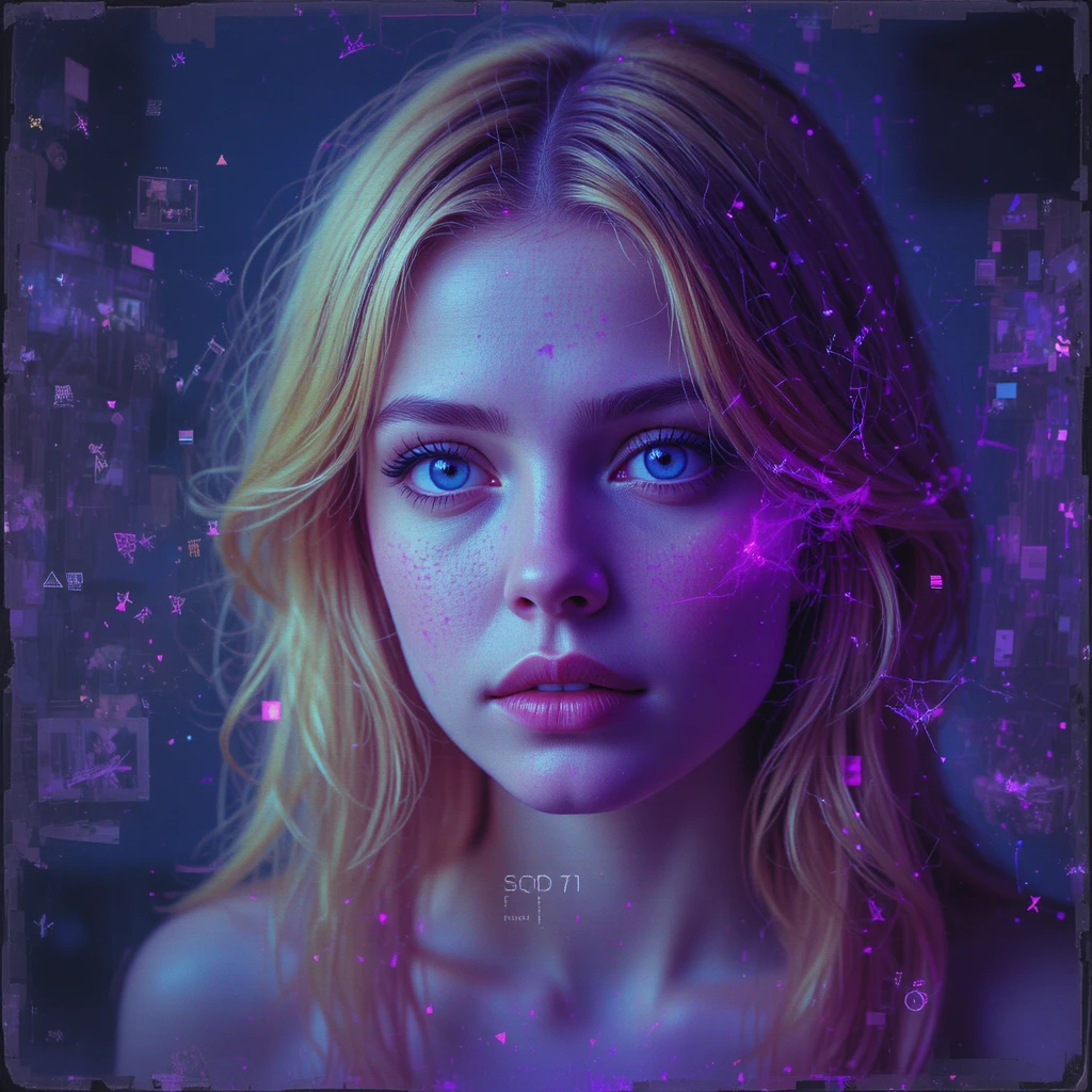 Ghostly woman burned into a vintage digital screen portrait