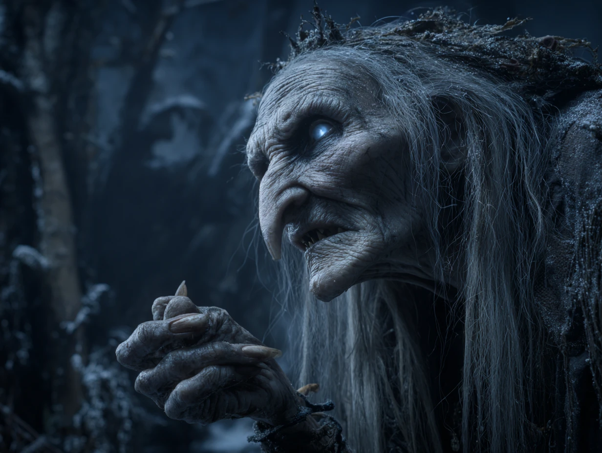 Elderly witch commanding a wolf pack in moonlit forest