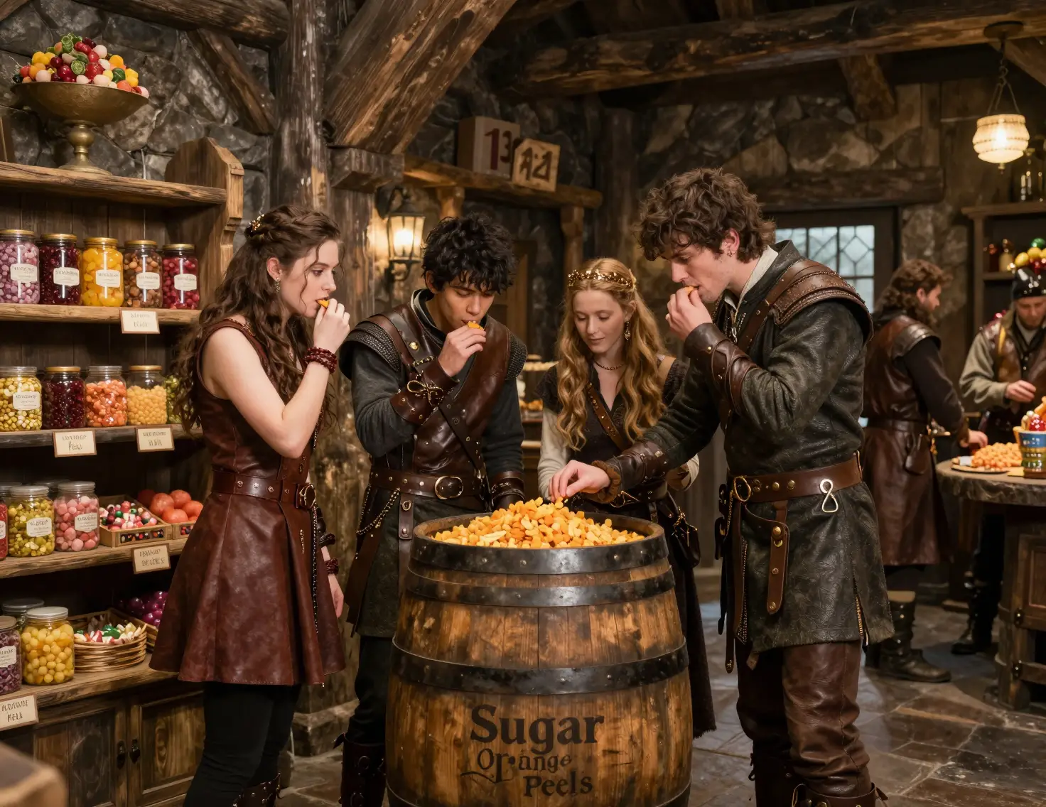 Young adventurers eating sugared orange peels in fantasy shop