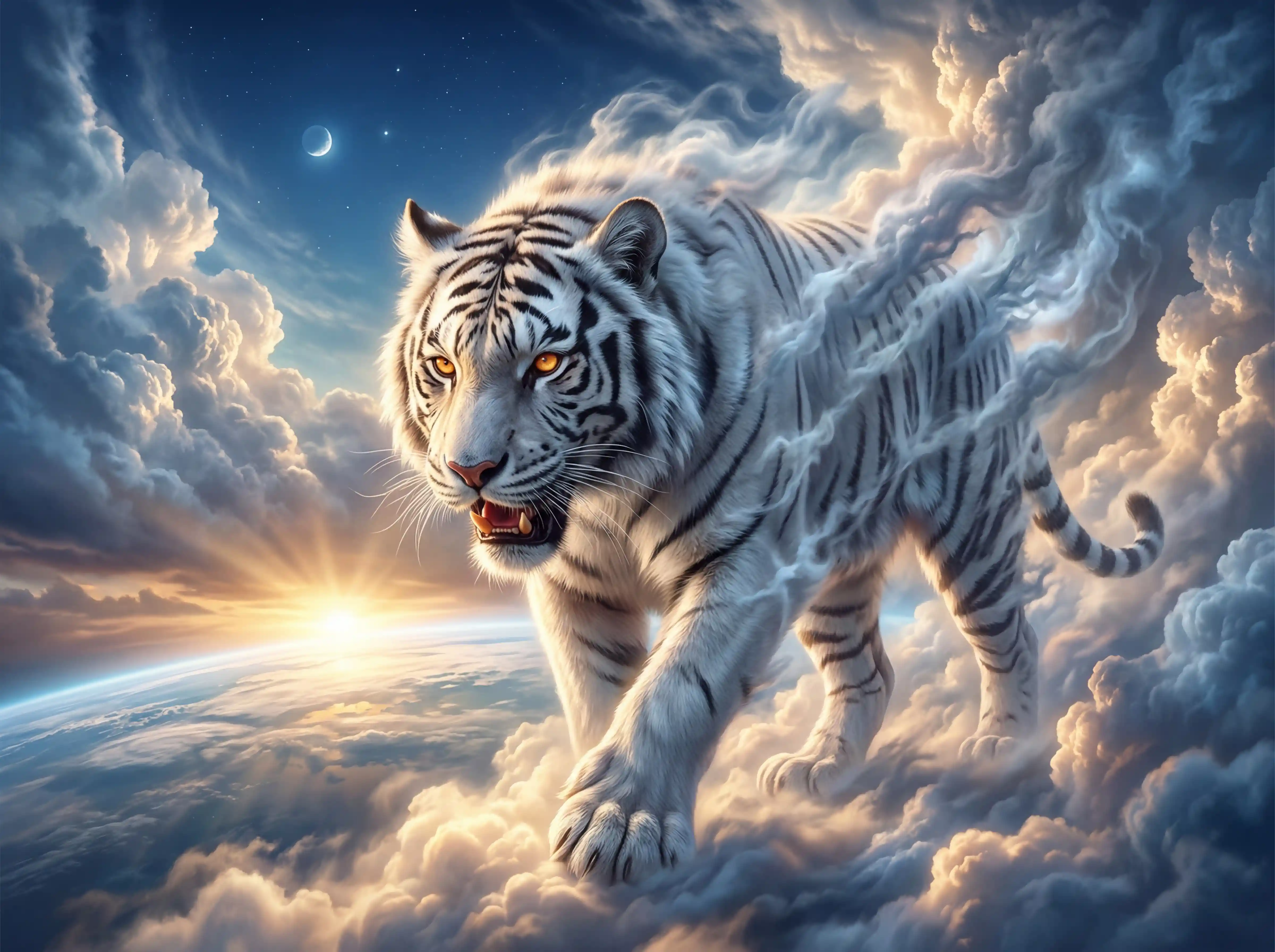 Majestic white tiger of clouds stride through glowing sky