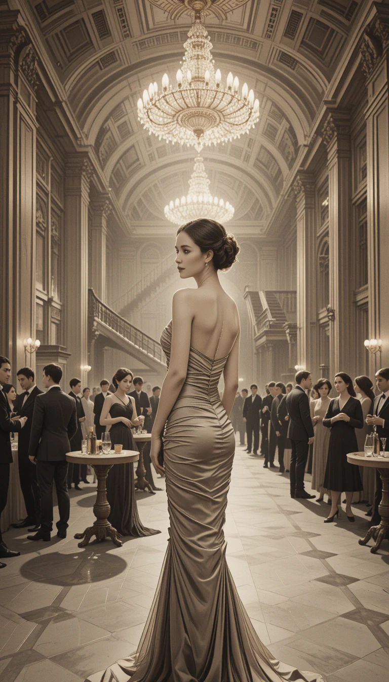 Elegant woman in gown on grand ballroom staircase