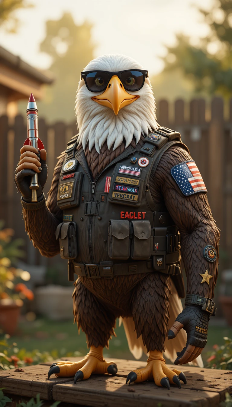 Aquila calva antropomorfa come enforcer in una scena patriottica in giardino