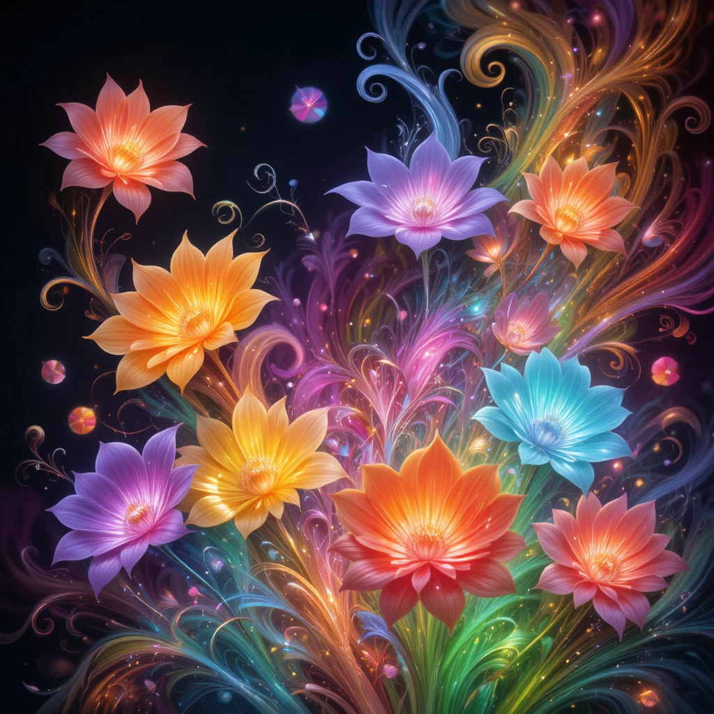 Fiori fantastici luminosi che vorticano su uno sfondo astratto scuro