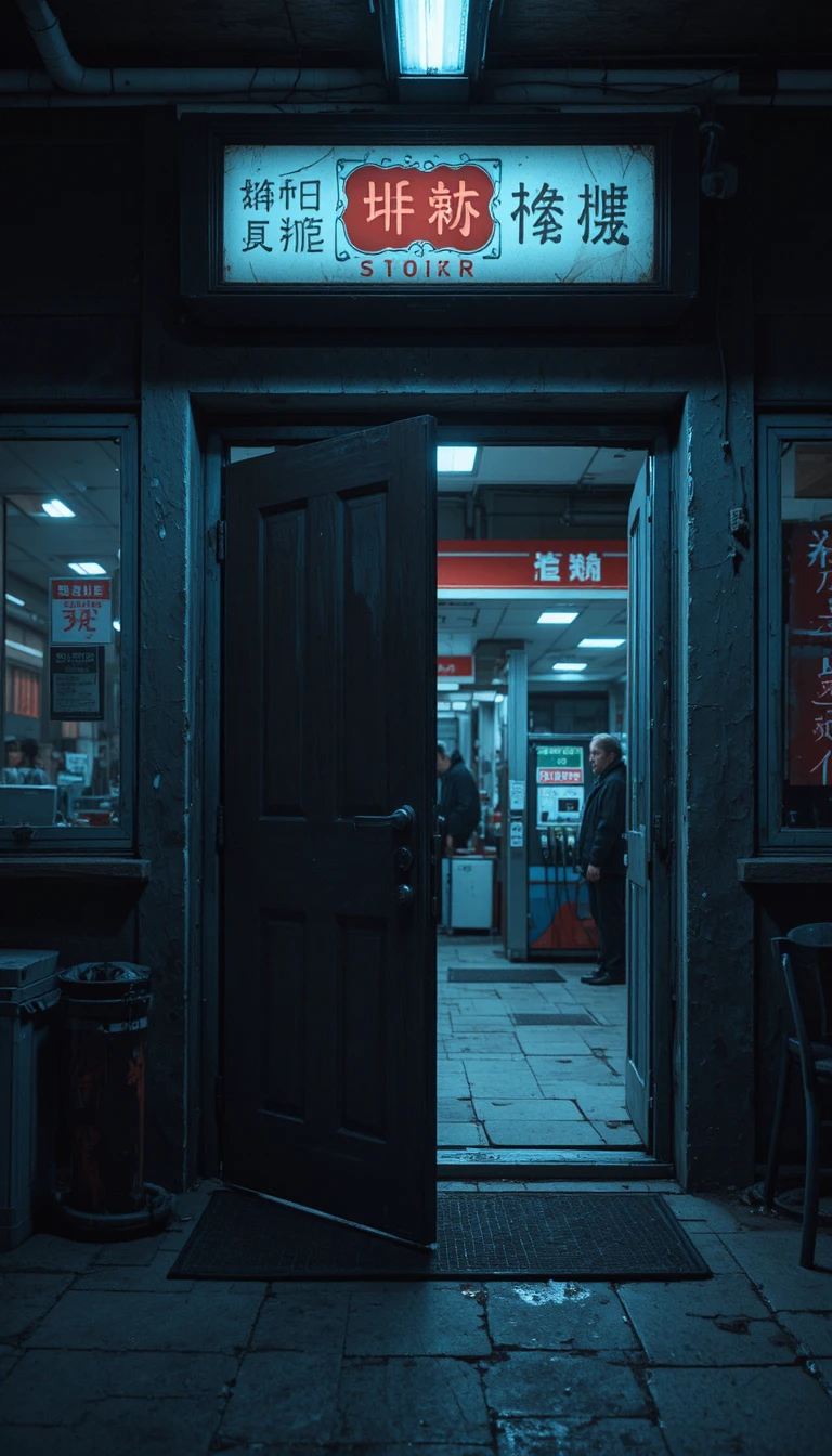 Dim gas station doorway opening into an empty night entrance