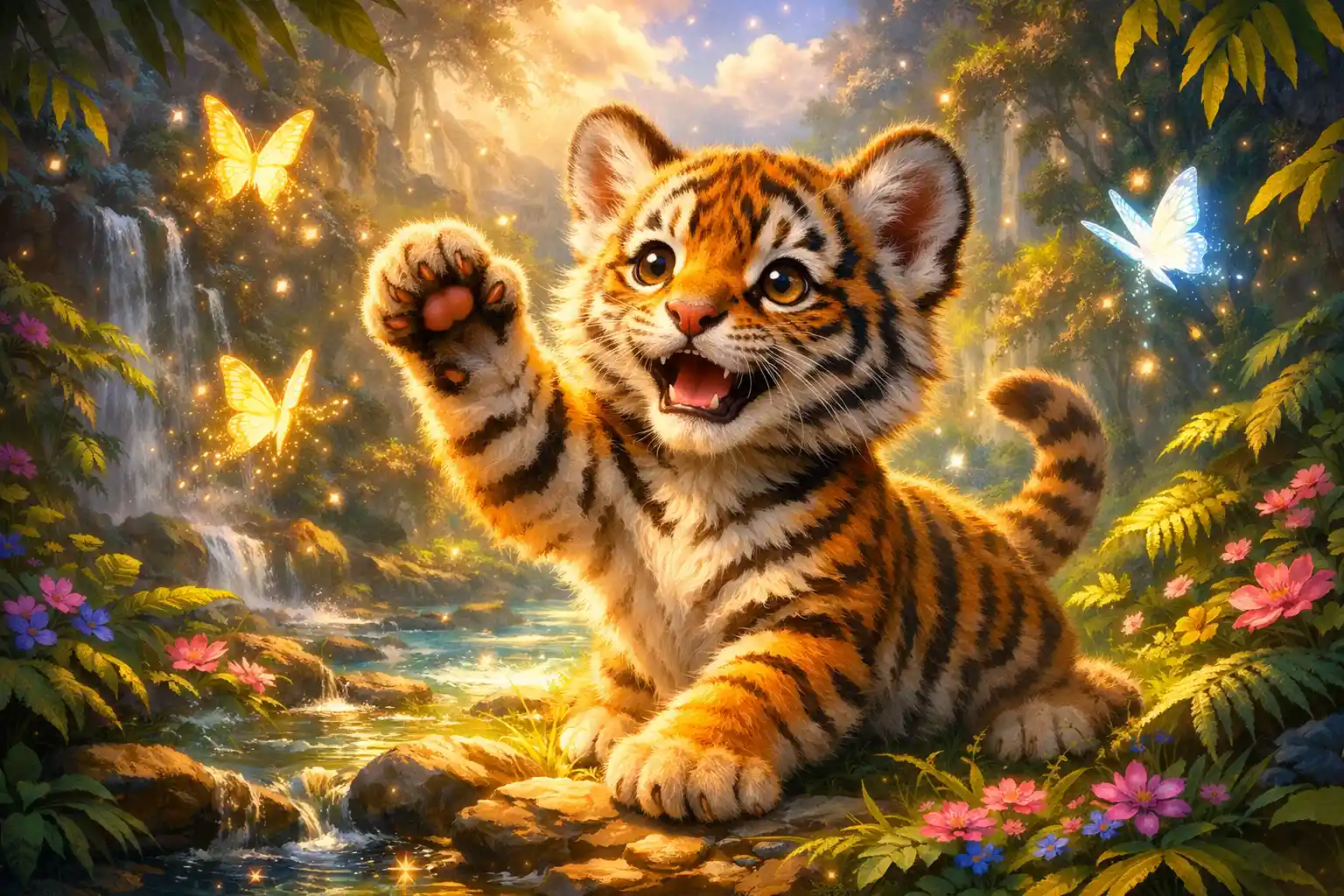 Cute tiger cub playing with glowing butterflies in jungle