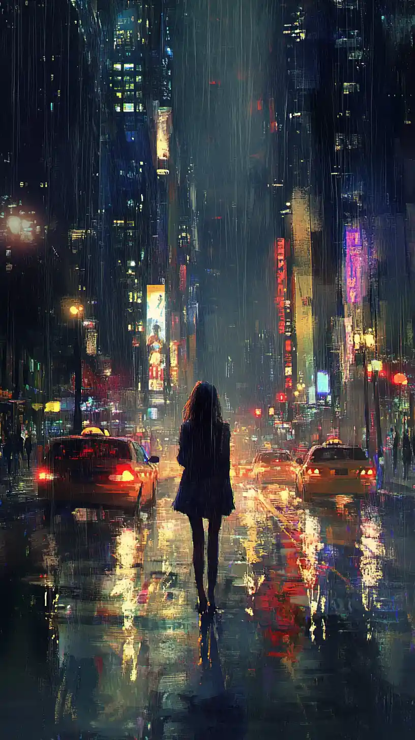 Young woman walking along rainy city street at night