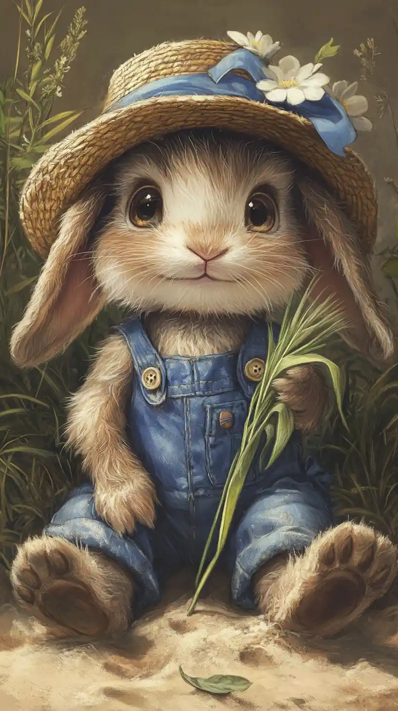Cute baby rabbit in denim overalls on a sunny beach