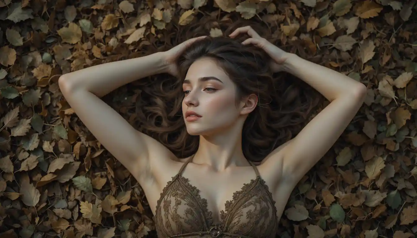 Young woman lying on dried leaves in soft earthy light