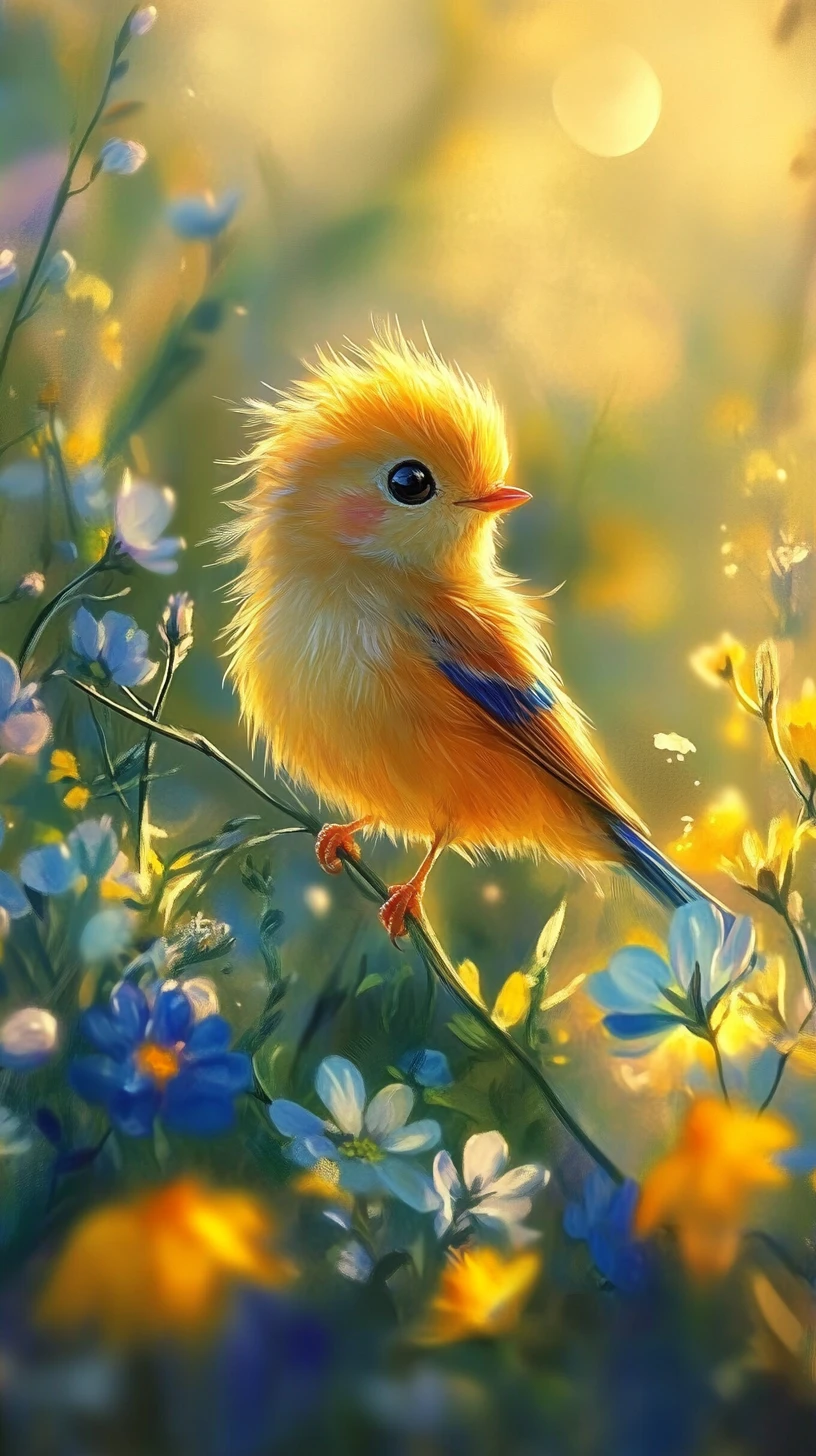 Golden bird on branch in soft flower filled field