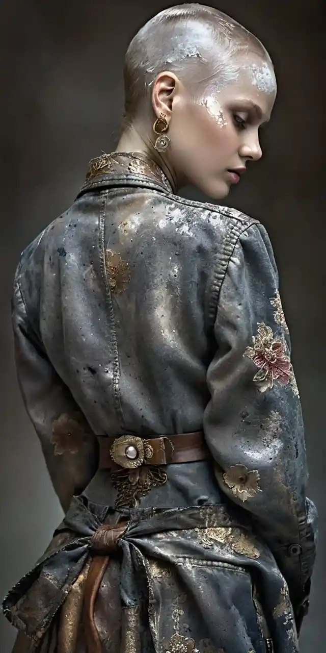 Avant garde fashion portrait of shaved woman in leather and brocade