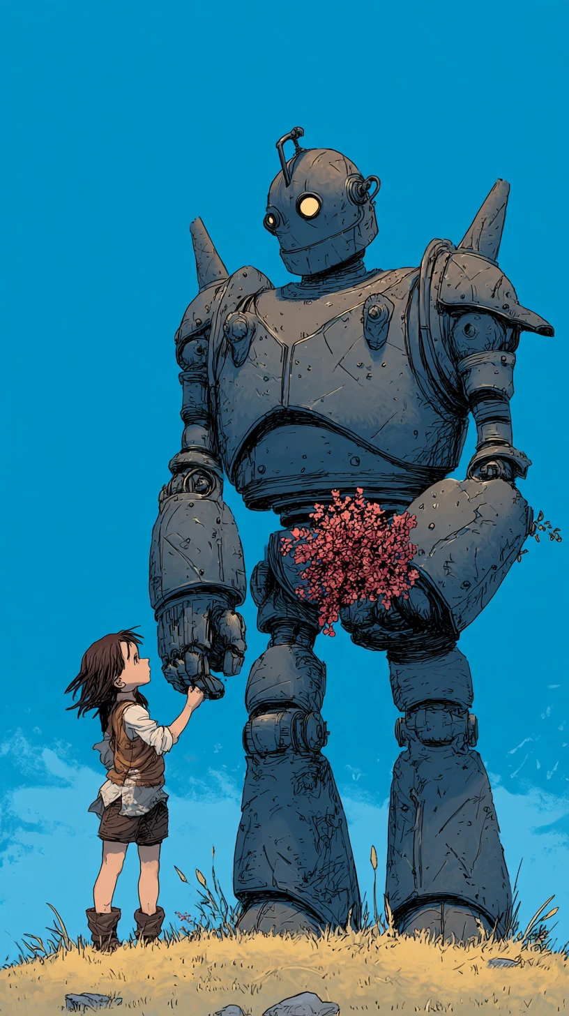 Robô gigante e garota sorridente sob um céu azul brilhante