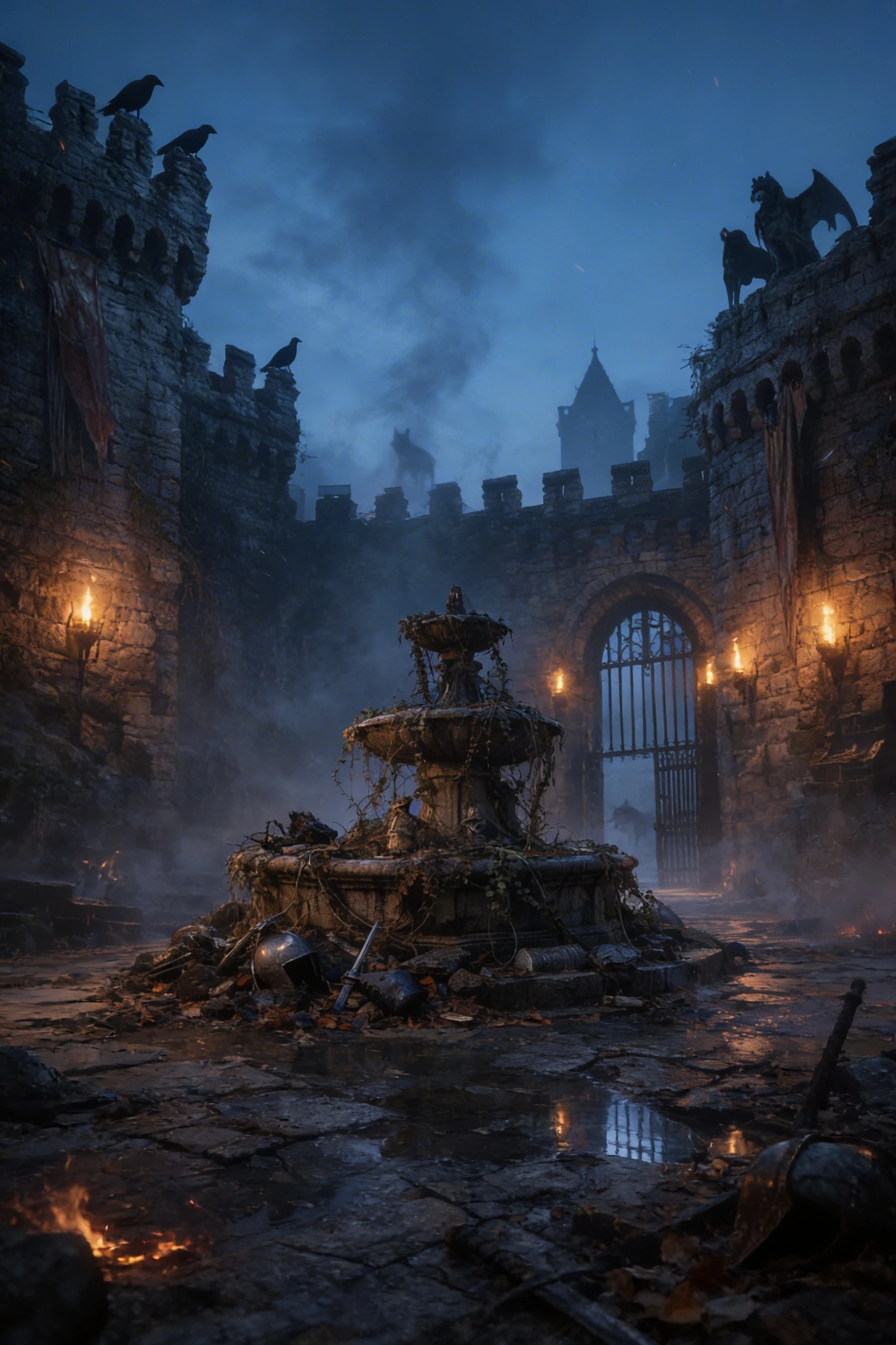Ominous castle courtyard at twilight with broken fountain
