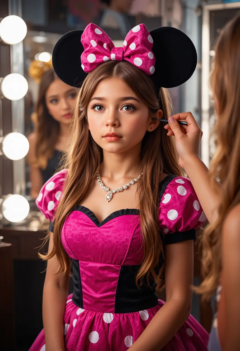 Young boy in Minnie dress during boutique makeup transformation