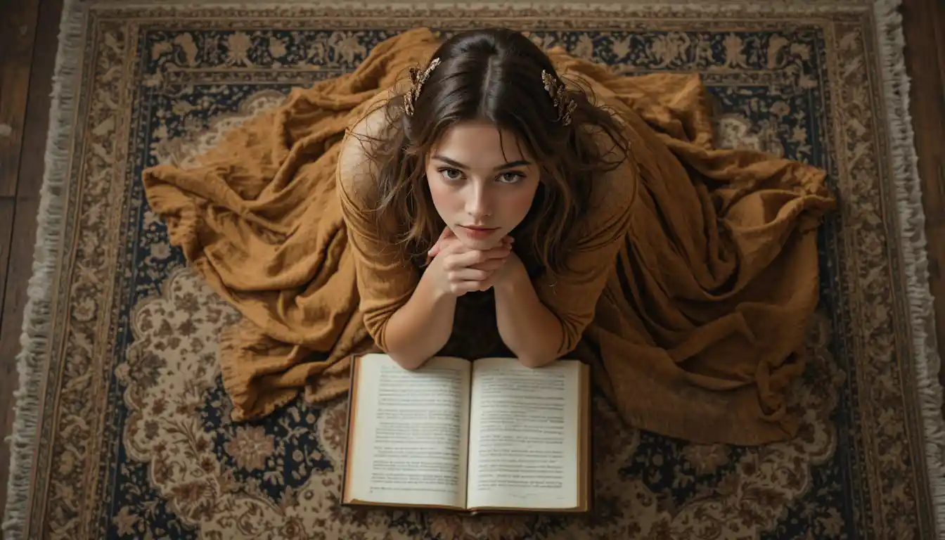 Young woman curled on a rug in warm overhead view