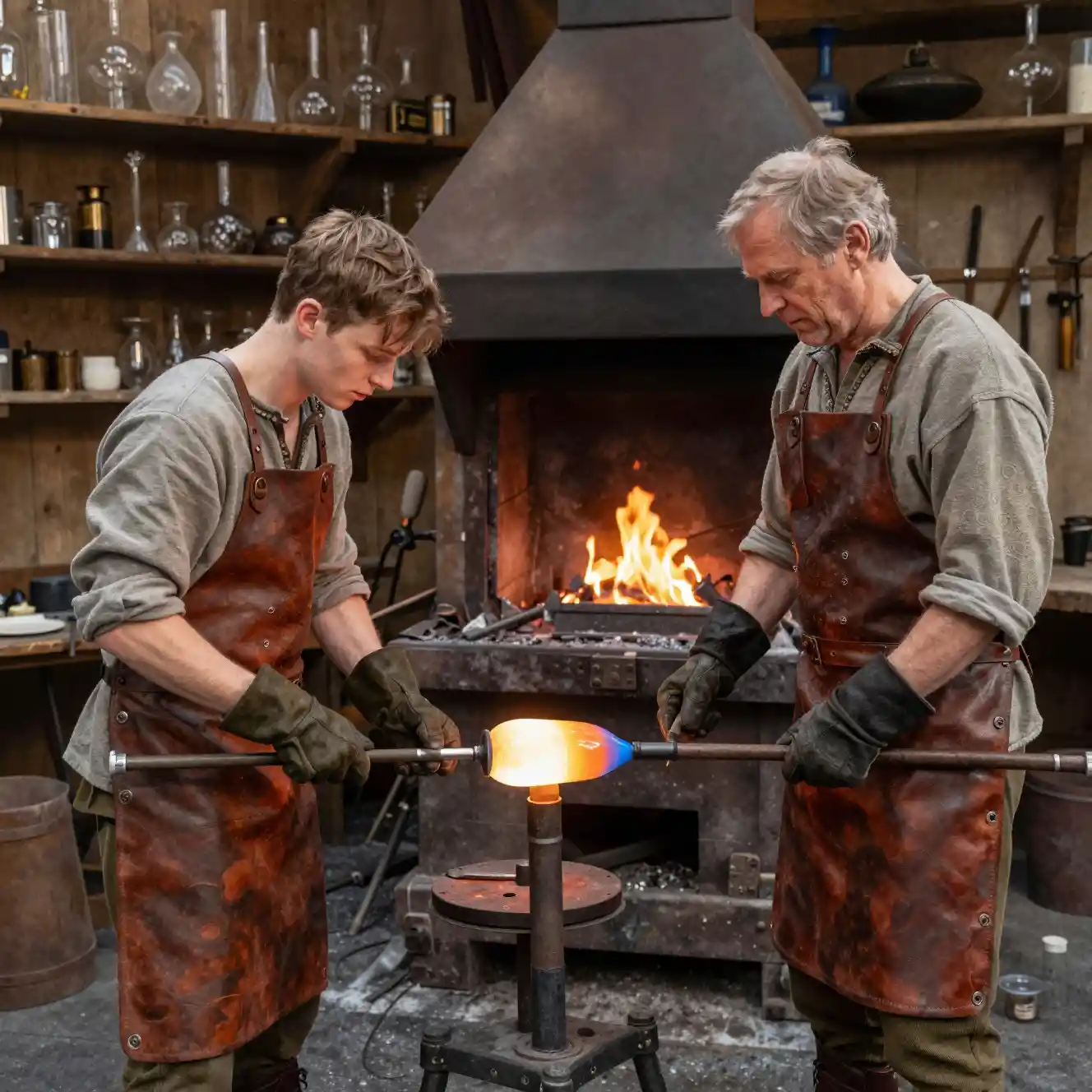 Fantasy craftsmen glassblowing in a rustic sunlit workshop