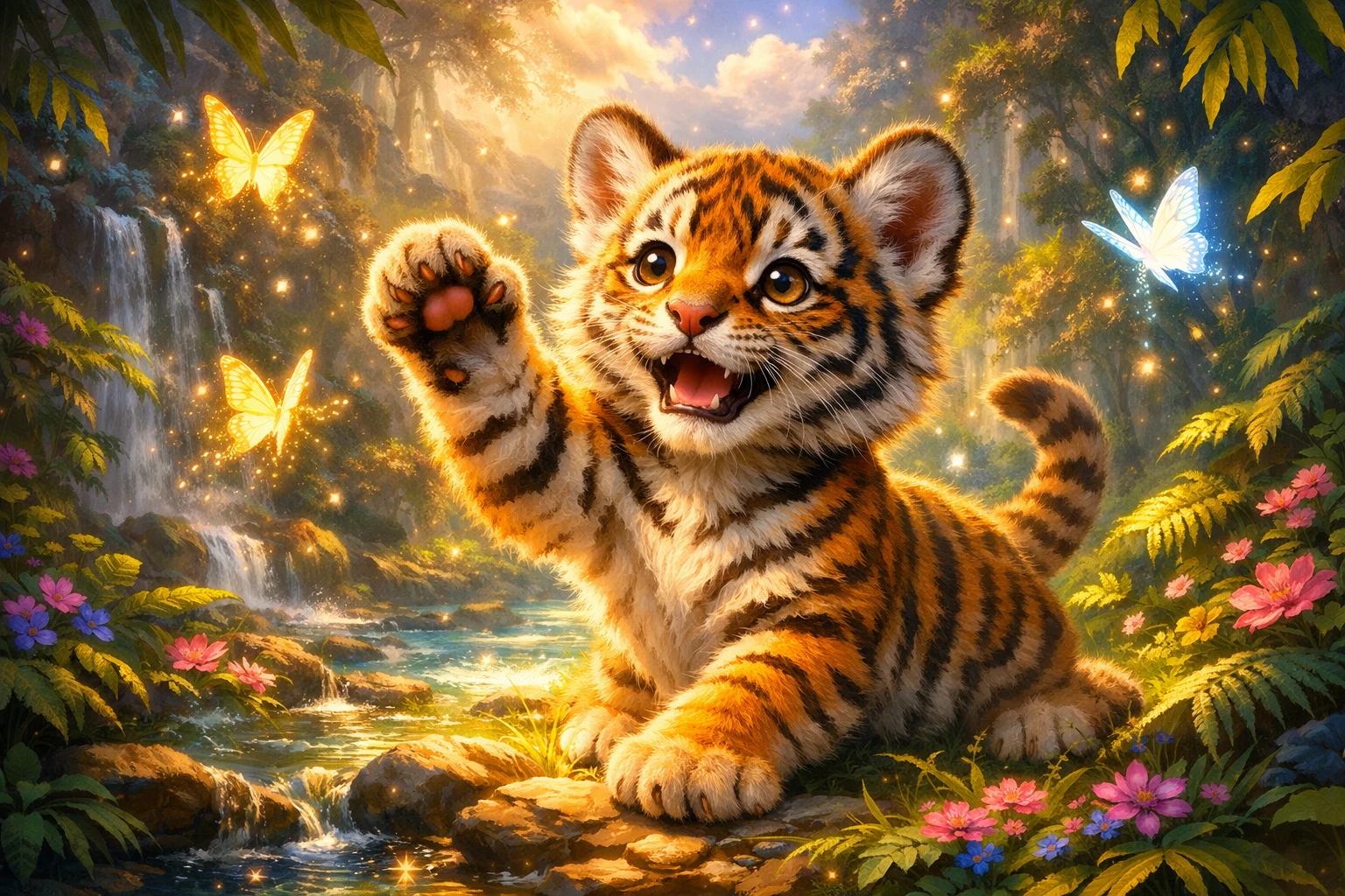 Cute tiger cub playing with glowing butterflies in jungle