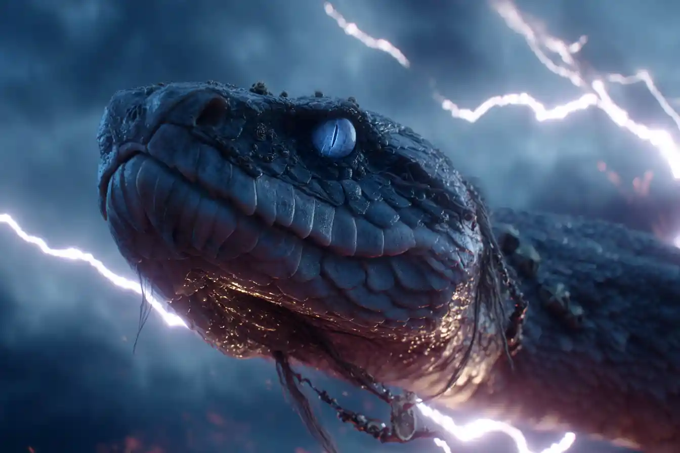 Witch riding a giant serpent through storm lightning