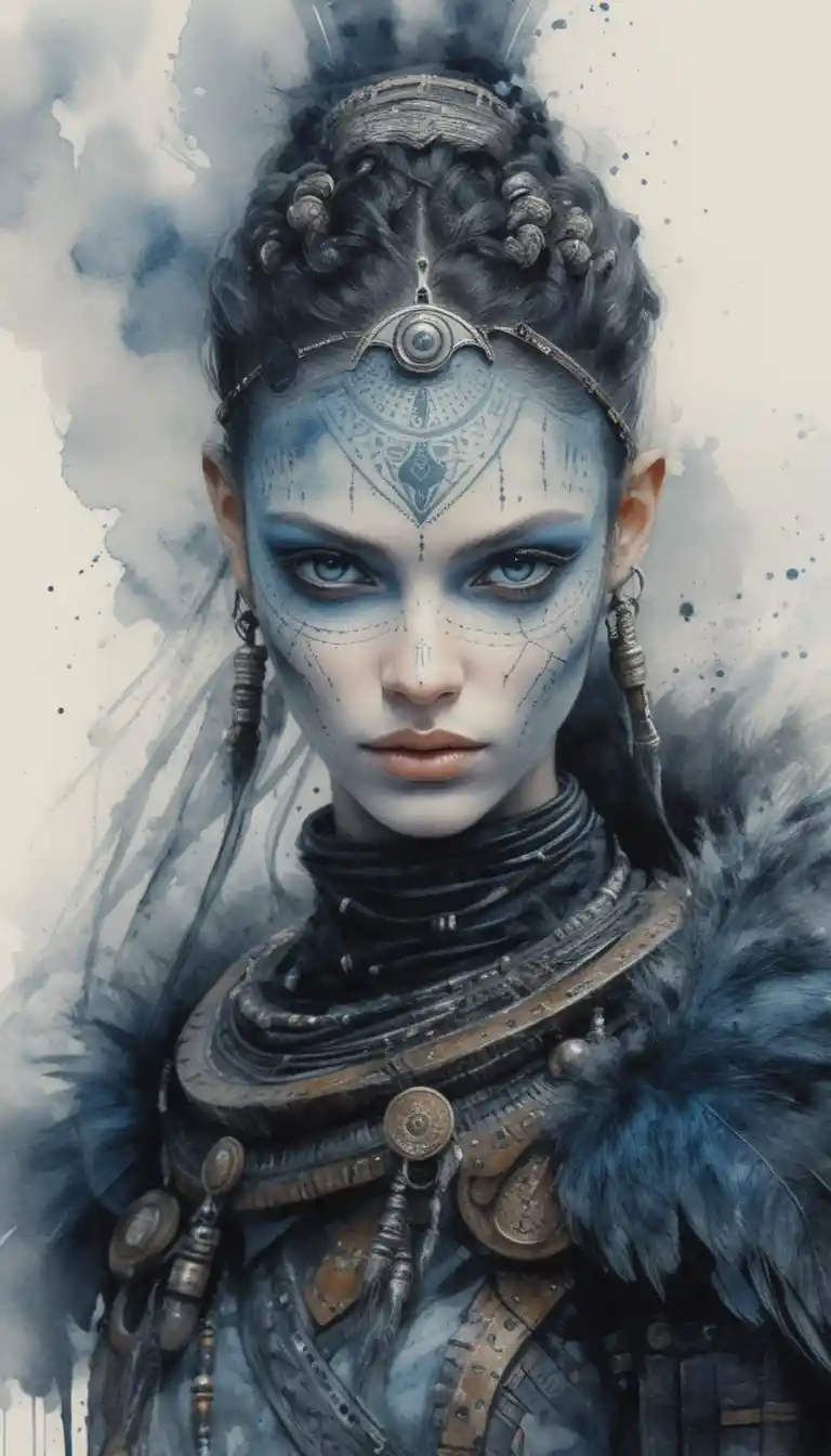 Tribal futurist woman portrait with raven feathers and armor