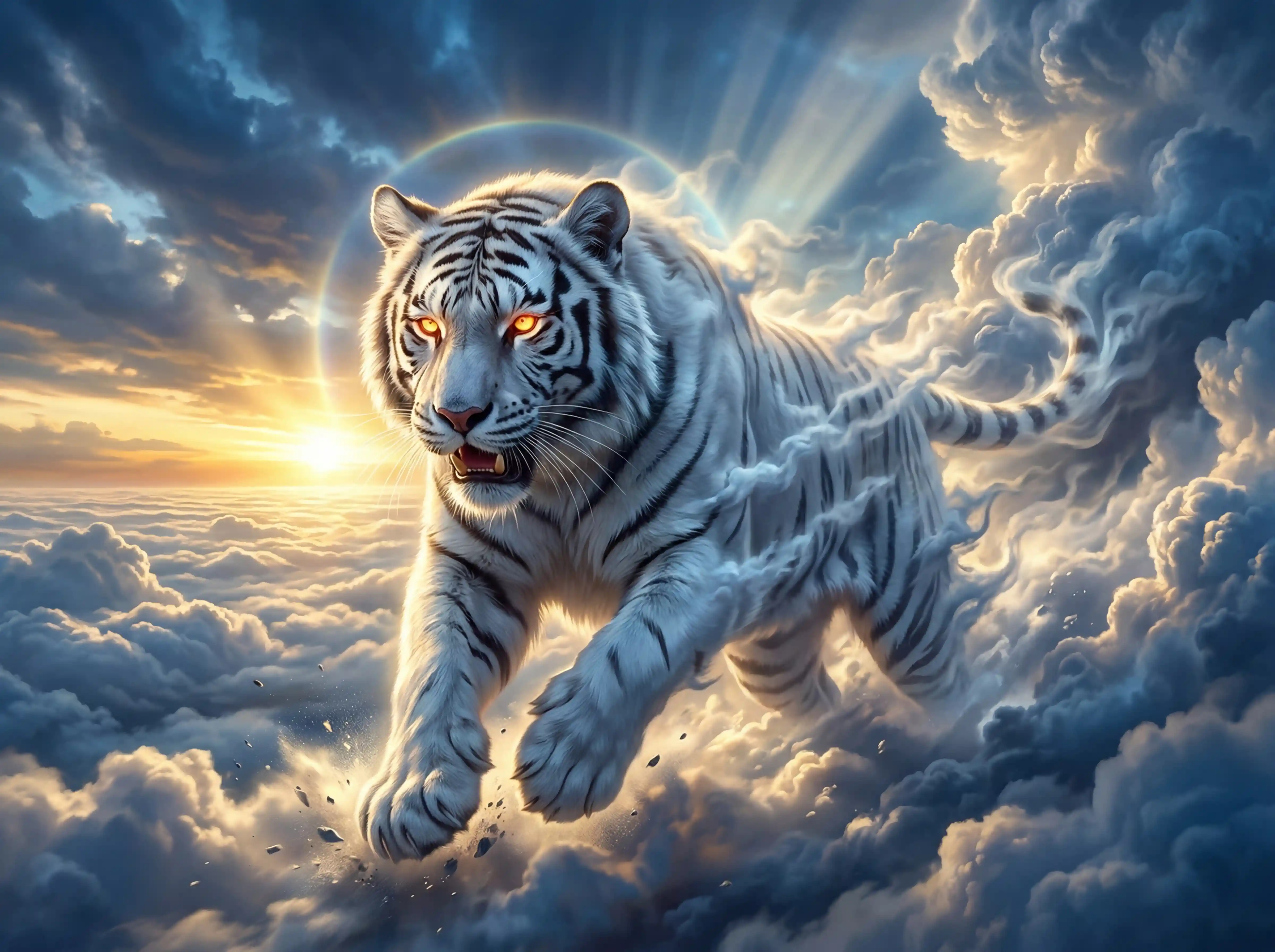 Tigre bianca celestiale che sfreccia sopra un mare di nuvole infinito