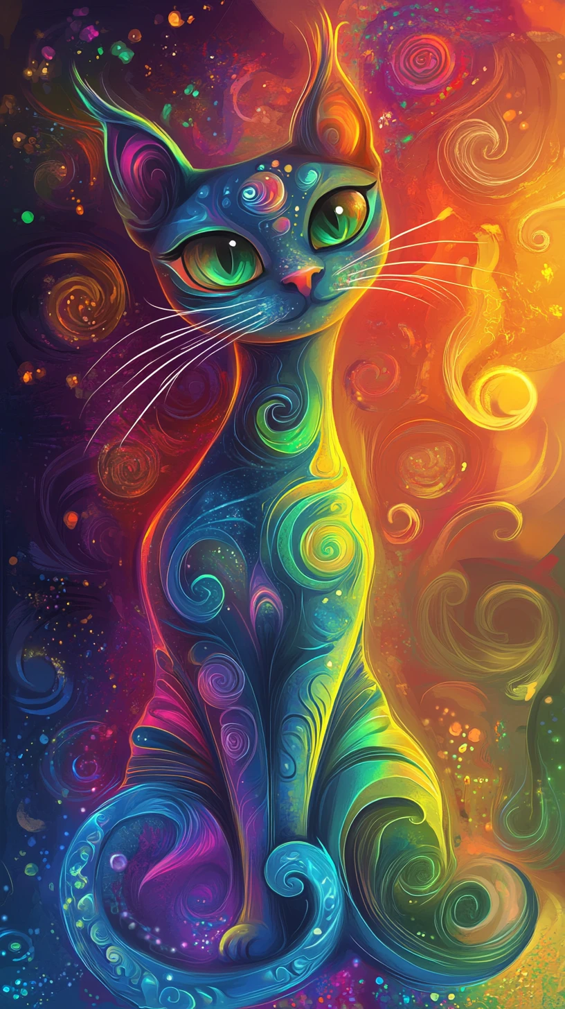 Whimsical cartoon cat close up on rainbow abstract background