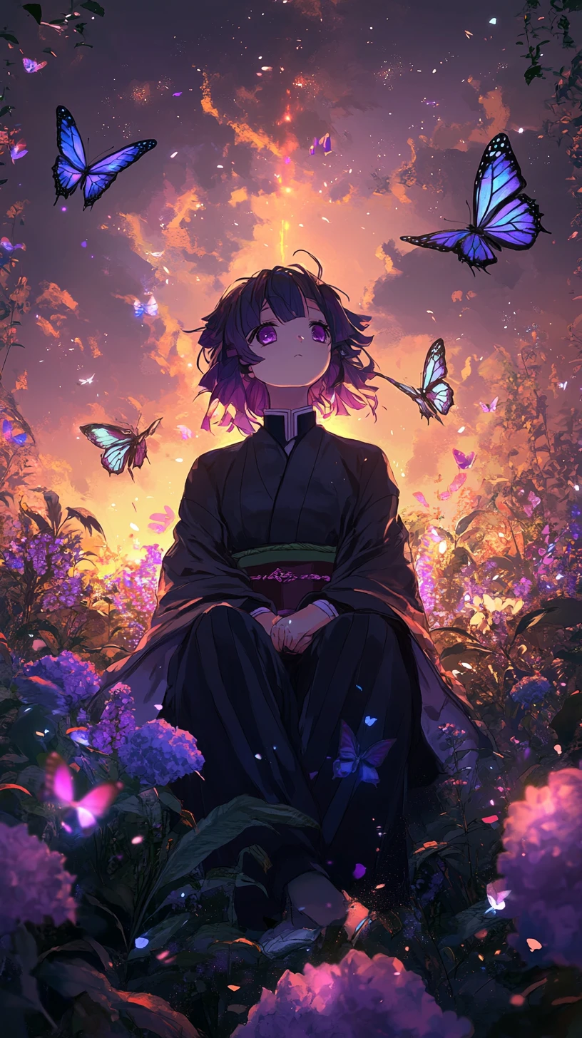 Anime girl in a glowing garden beneath a purple dawn sky