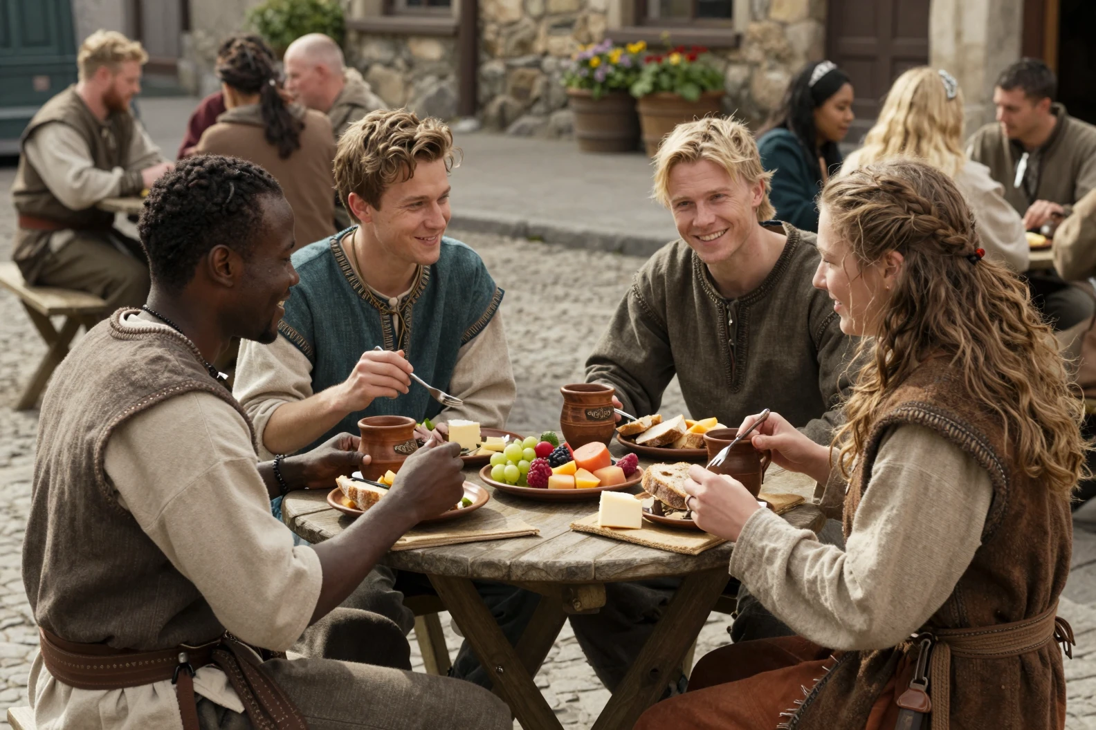 Friends sharing lunch at a fantasy street cafe table