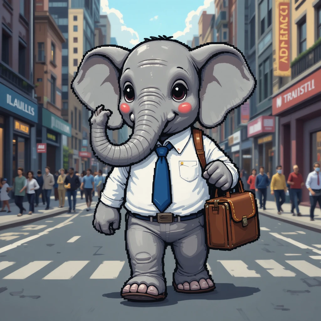 Niedlicher Pixel-Elefant, der auf einer belebten Stadtstraße läuft