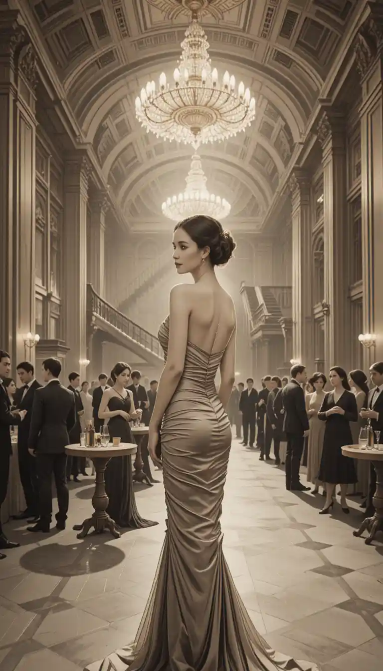 Elegant woman in gown on grand ballroom staircase