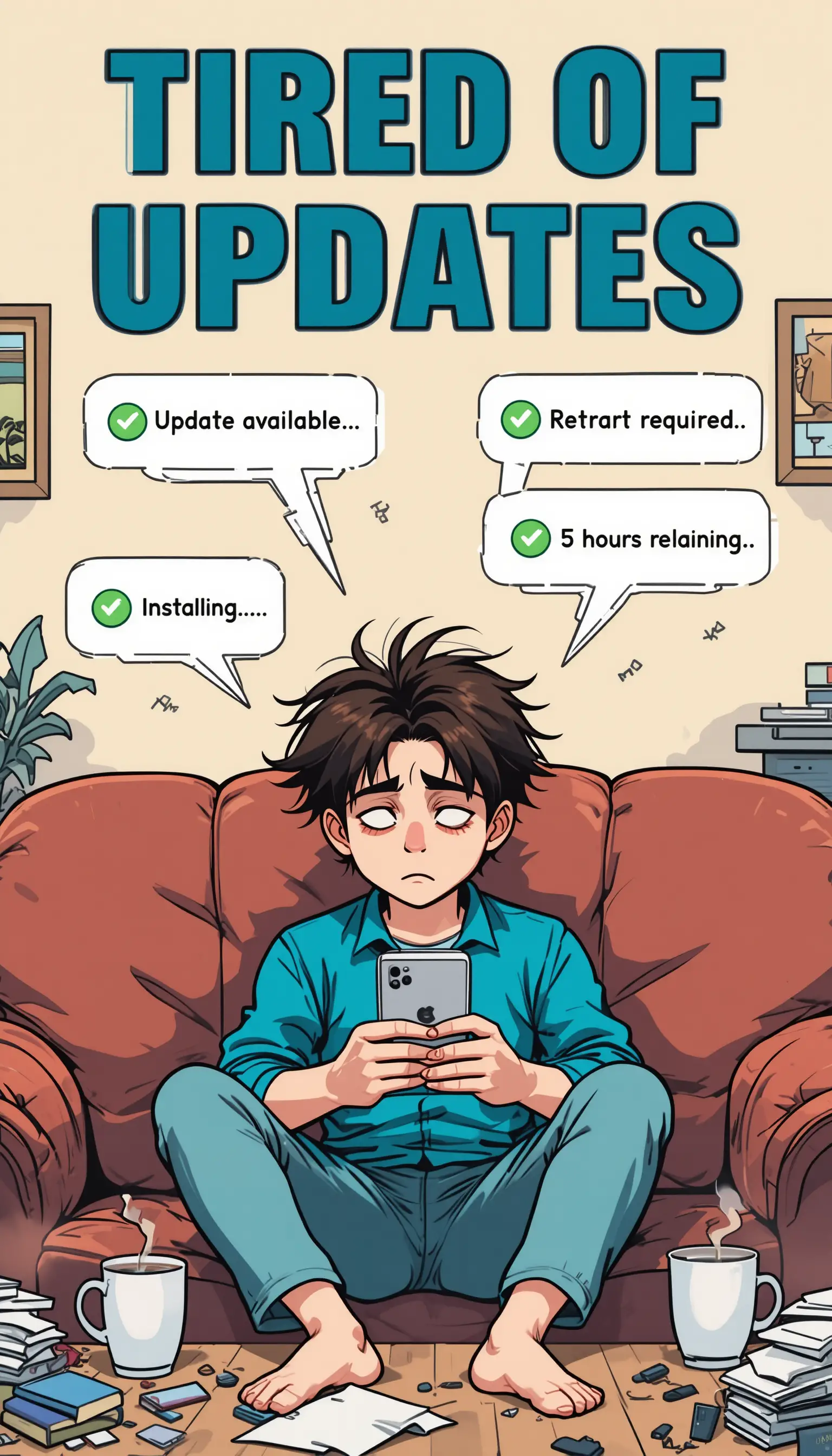 Hombre cansado en el sillón mirando infinitas actualizaciones del móvil