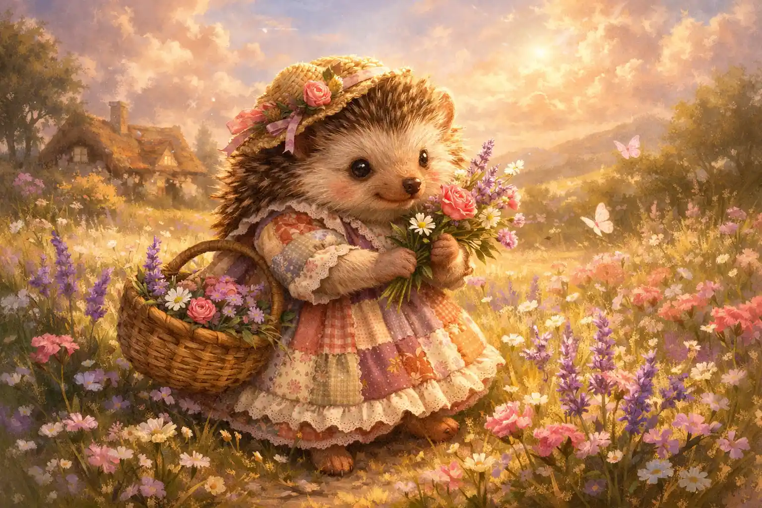 Cute hedgehog in a patchwork dress picking flowers in meadow