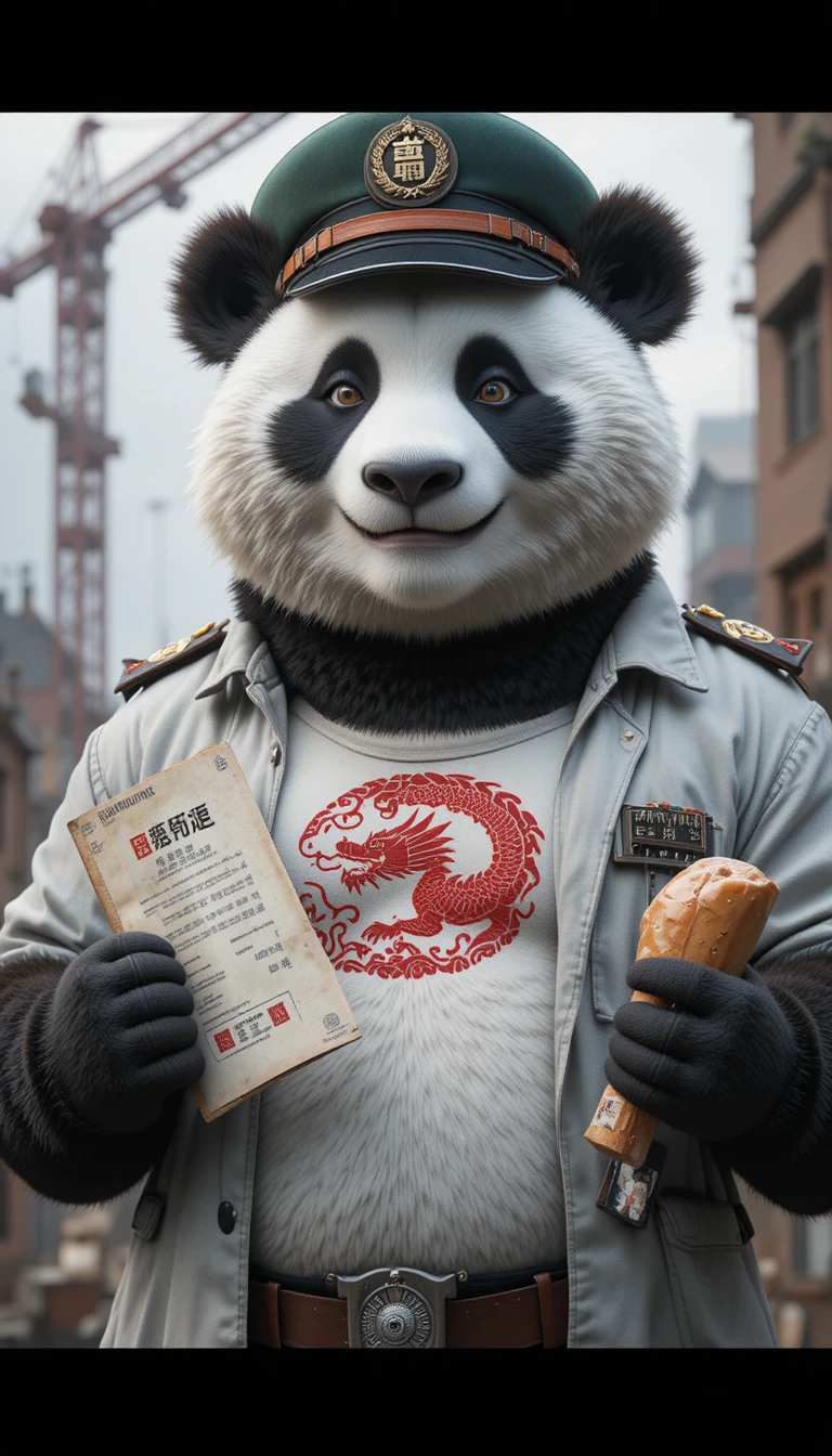Panda antropomórfico com tatuagem de dragão em obra urbana