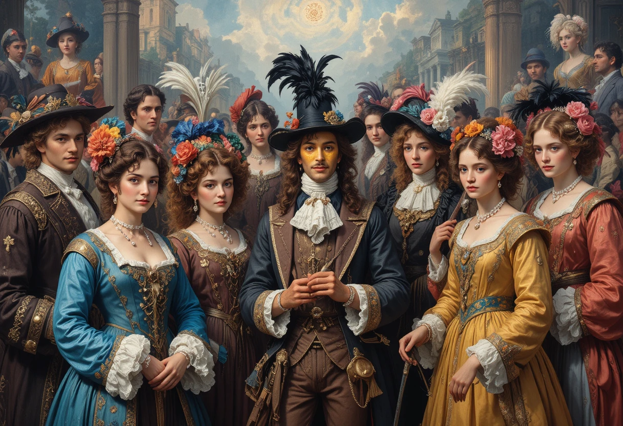 Baroque artists gathered in opulent masks and wigs in Rome