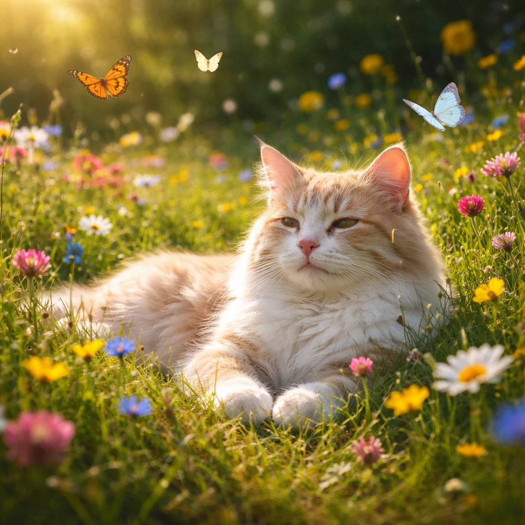 Gatto tranquillo che riposa in un prato di fiori selvatici con farfalle