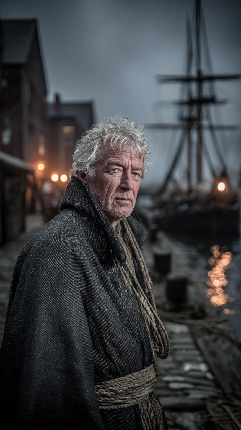 Elderly sailor on a foggy dock at twilight