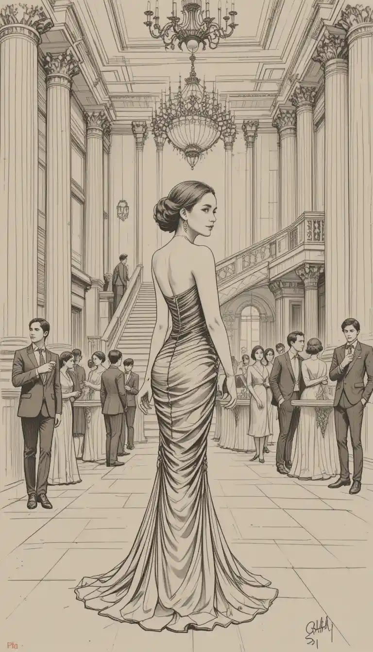 Elegant woman in evening gown in grand sepia ballroom