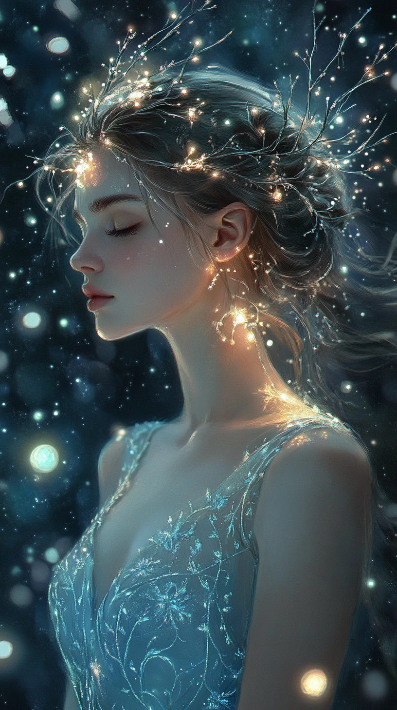 Ethereal young woman in a glowing blue gown at twilight
