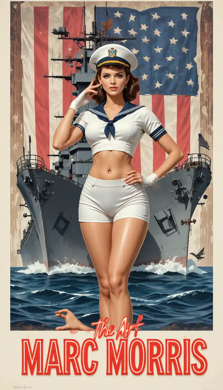 Marinaia pin-up bruna che saluta davanti a corazzata e bandiera