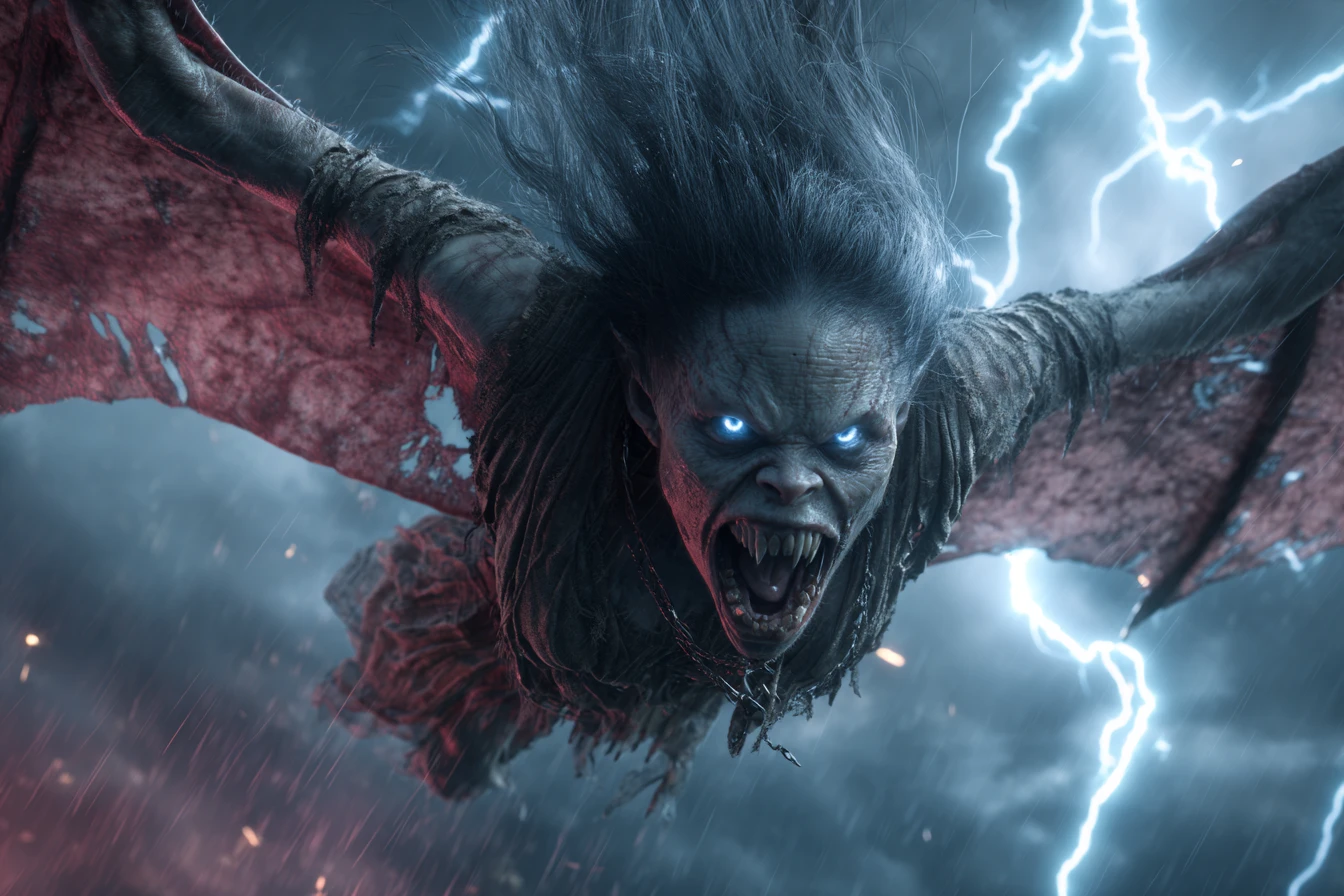 Demonic winged woman flying through lightning in a storm