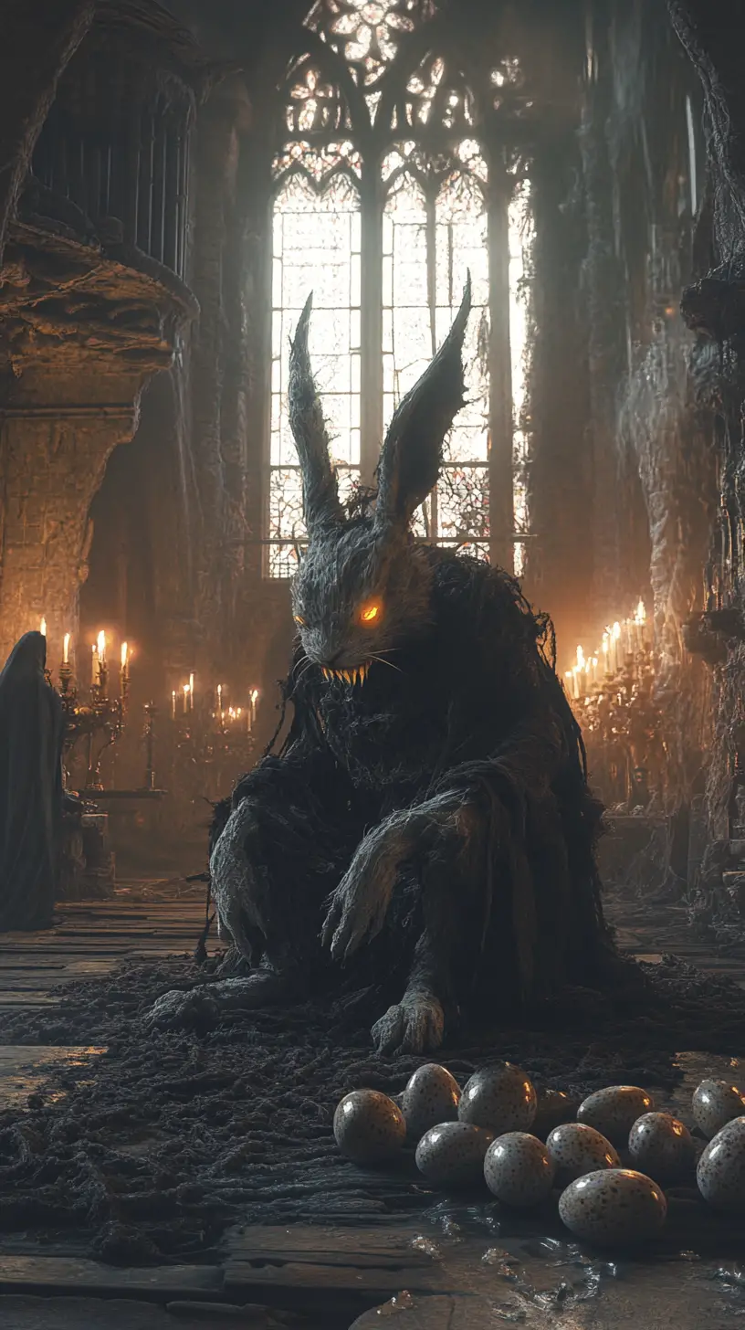 Coniglio grottesco circondato da uova di Pasqua rotte in una stanza illuminata da candele