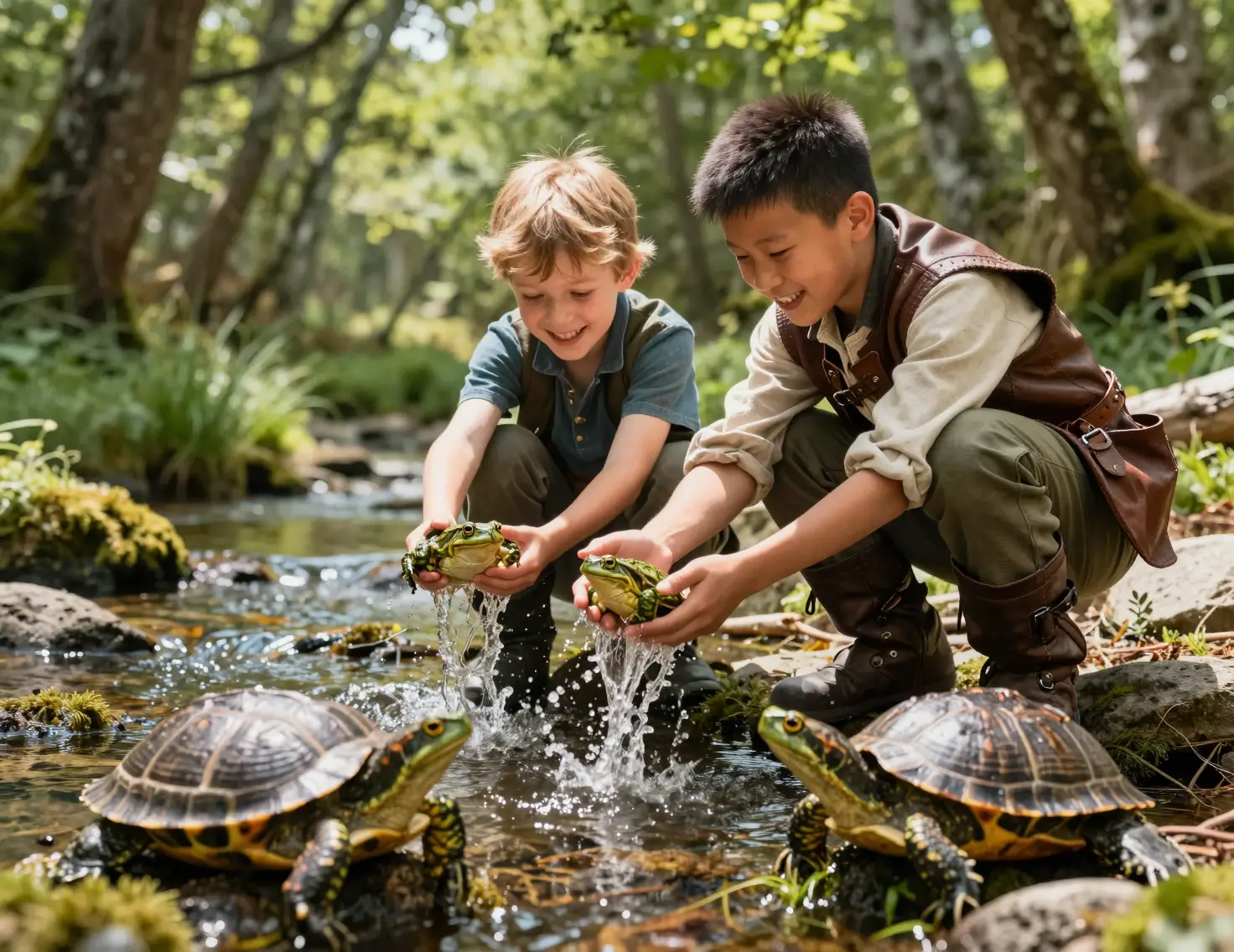 Two boys playing in a sunny forest creek with turtle