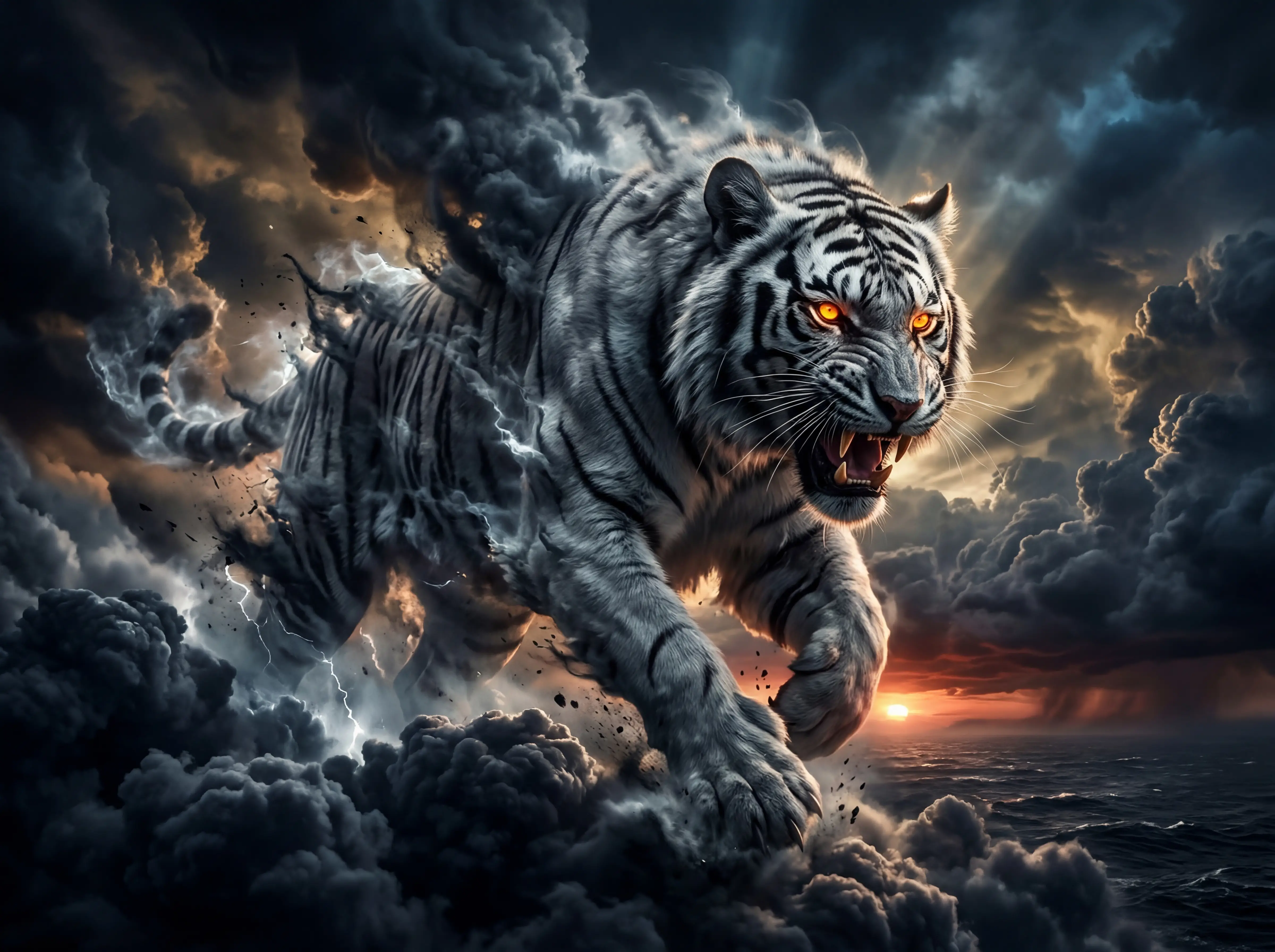Colosal espíritu de tigre blanco irrumpiendo entre nubes de tormenta