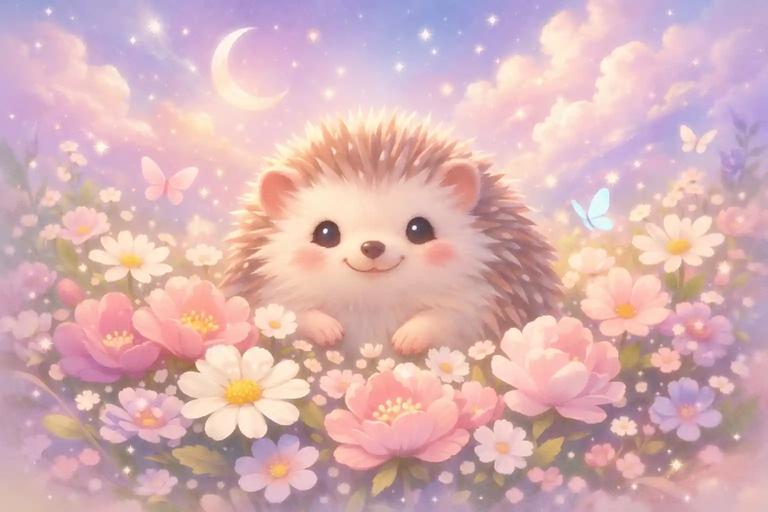 Smiling Hedgehog Nestled In A Soft Spring Flower Garden