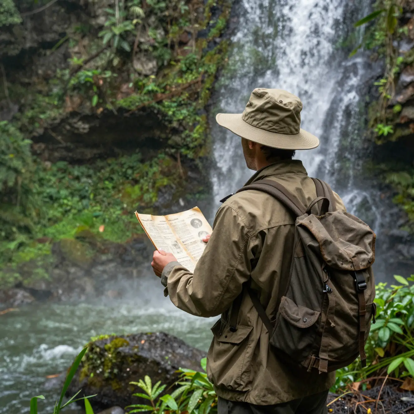 Avventuriero Davanti a Cascata Nascosta nella Giungla con Antica Mappa