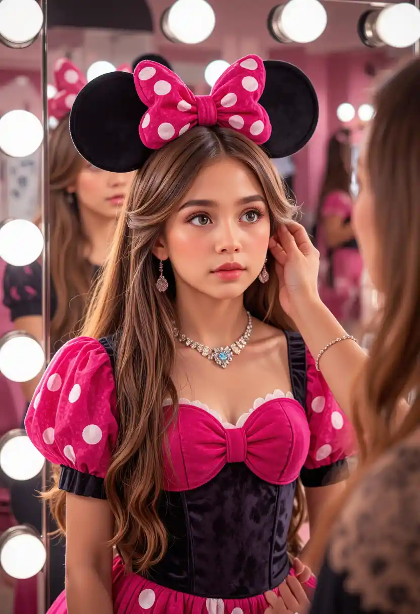 Menino de vestido da Minnie assistindo à sua transformação de maquiagem